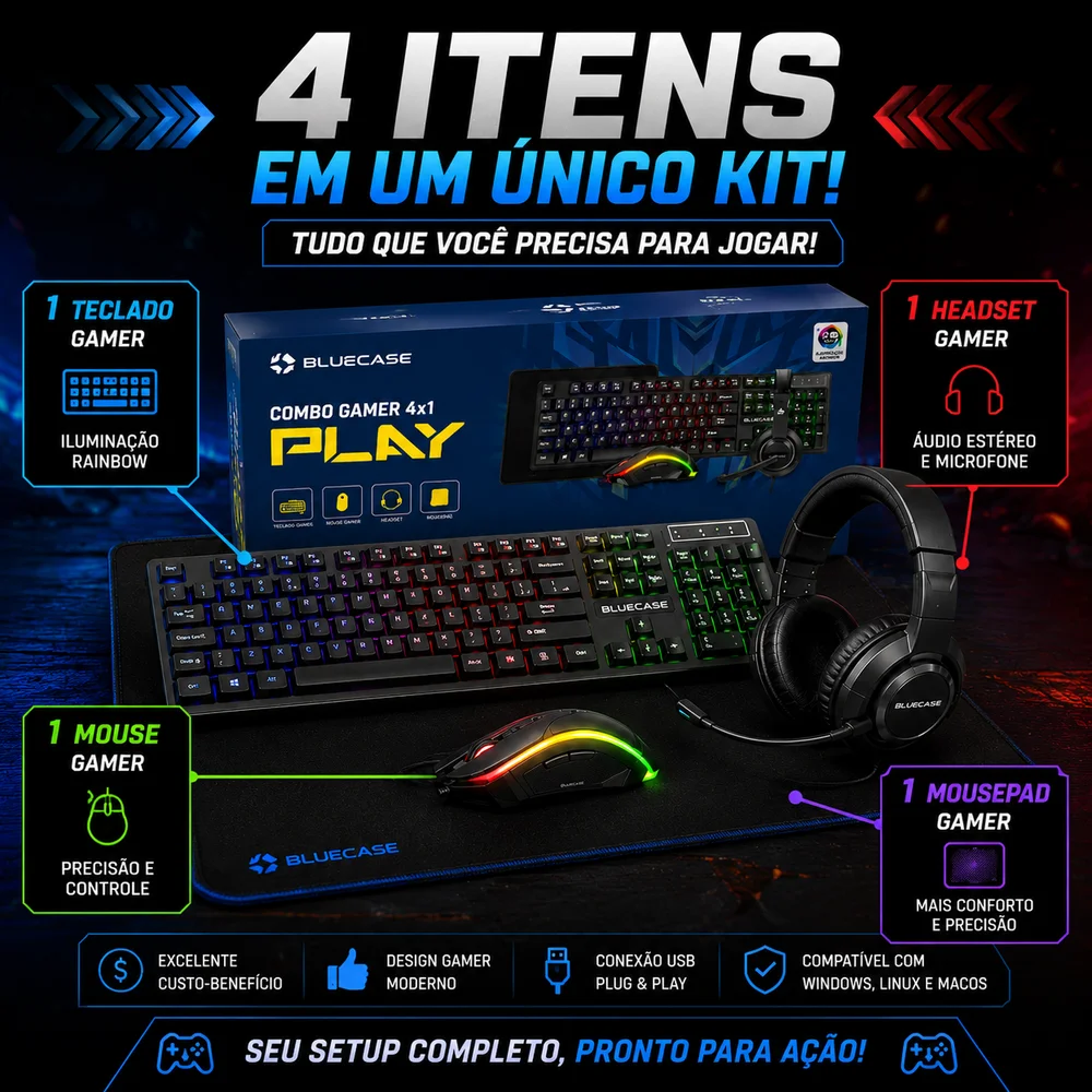 Imagem 3 de 4 do produto Kit Gamer 4 Em 1 Bluecase Teclado Mouse Headset RGB