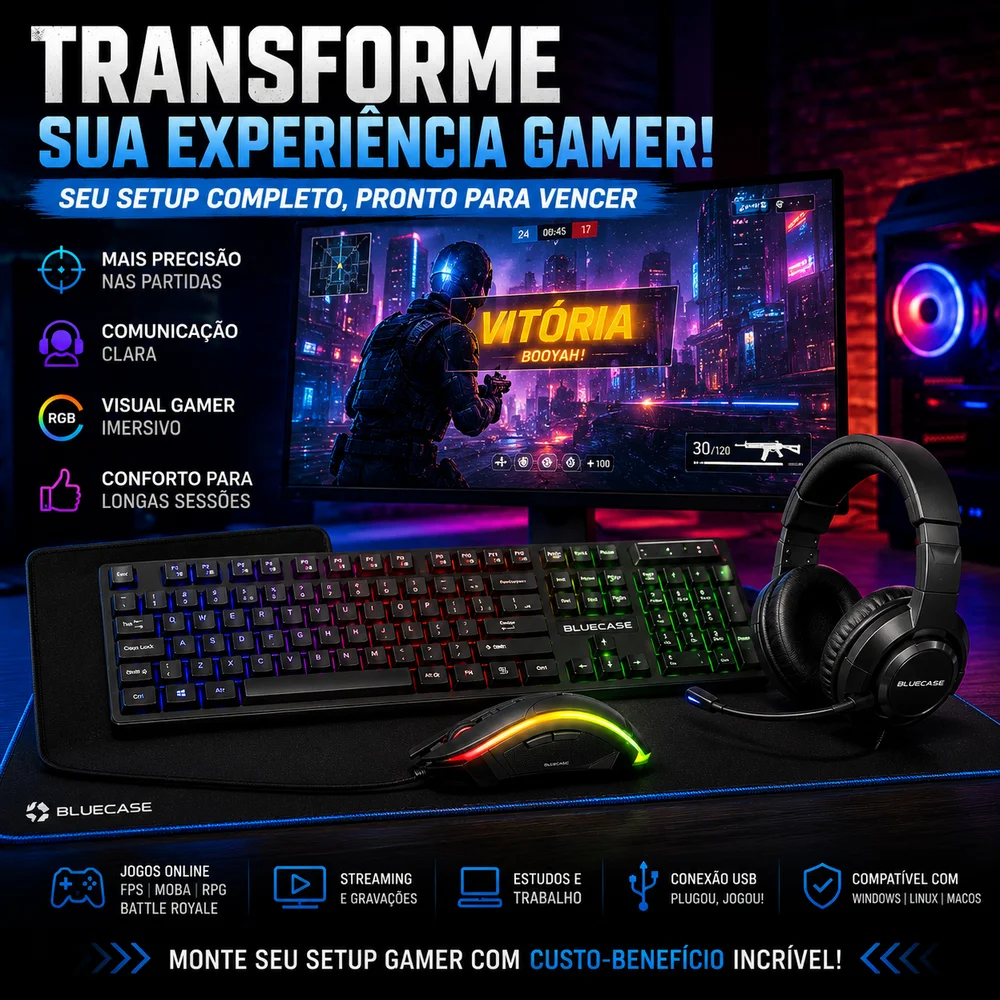 Imagem 4 de 4 do produto Kit Gamer 4 Em 1 Bluecase Teclado Mouse Headset RGB