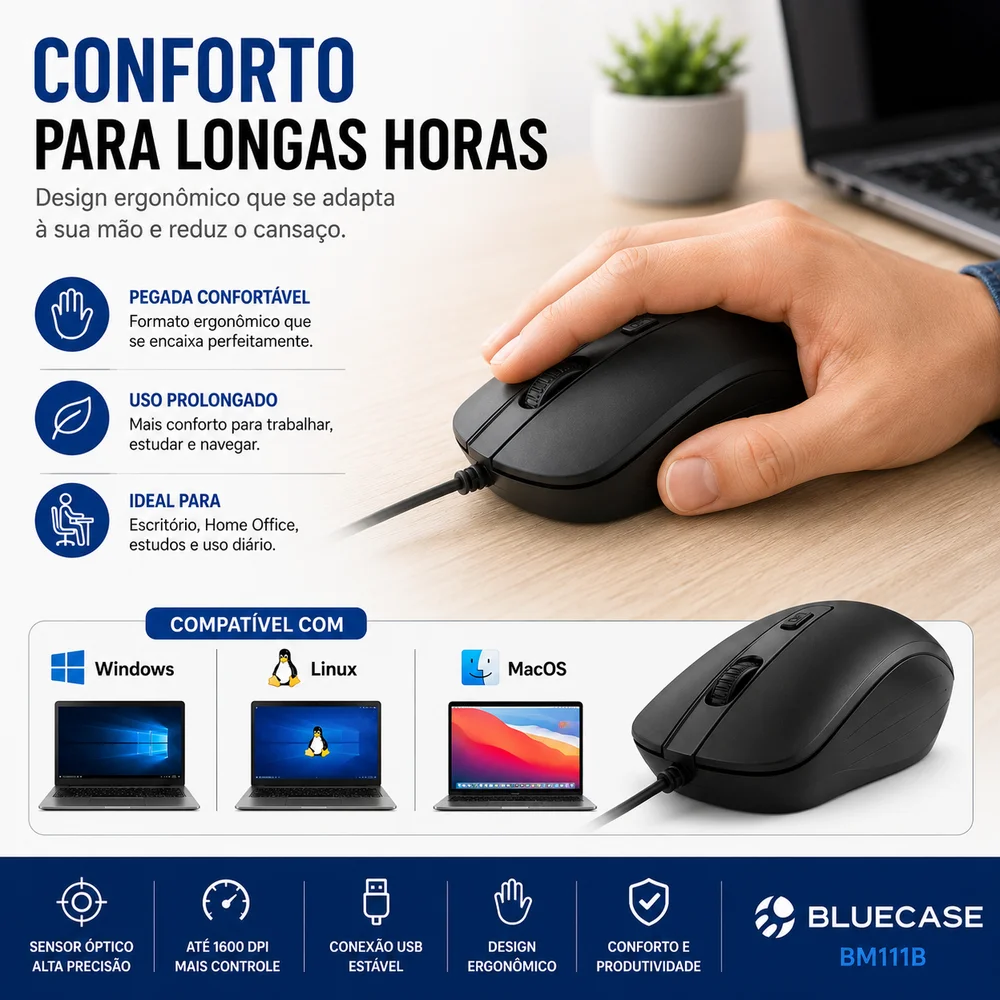 Mouse Usb Bluecase Bm111b 1600 Dpi Ergonômico Preto