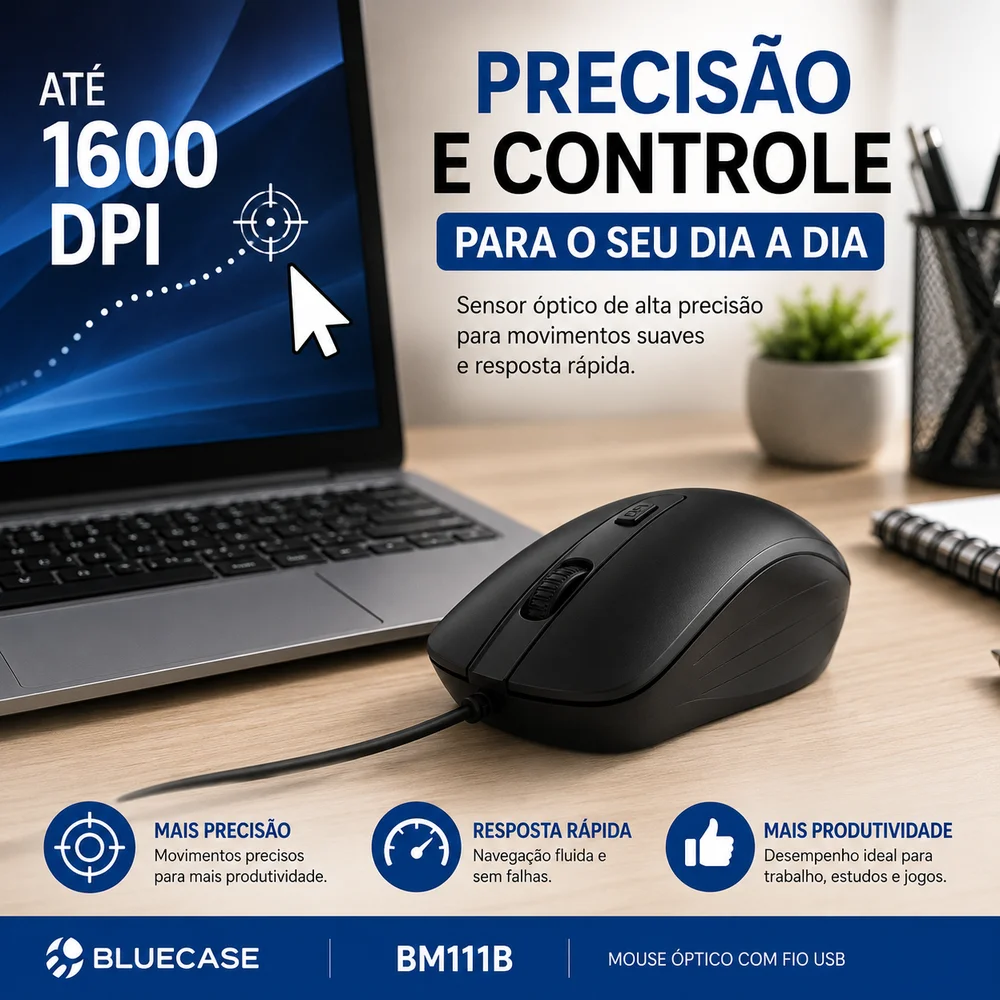 Mouse Usb Bluecase Bm111b 1600 Dpi Ergonômico Preto