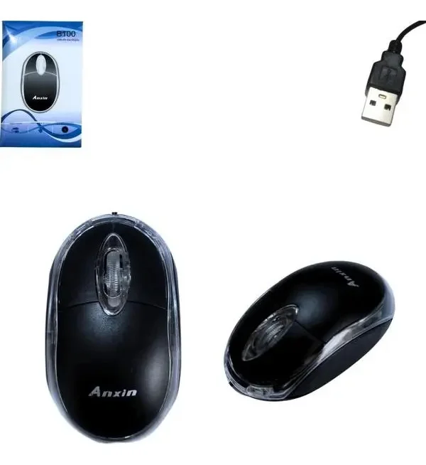 Mouse Óptico Anxin B100 Preto Usb Fio 800dpi 3 Botões Ergonomico