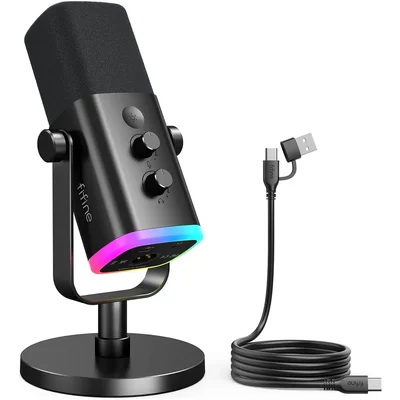 Microfone Fifine Am8 Dinâmico Usb Xlr RGB Cardioide Para Podcast Streaming Gamer Profissional