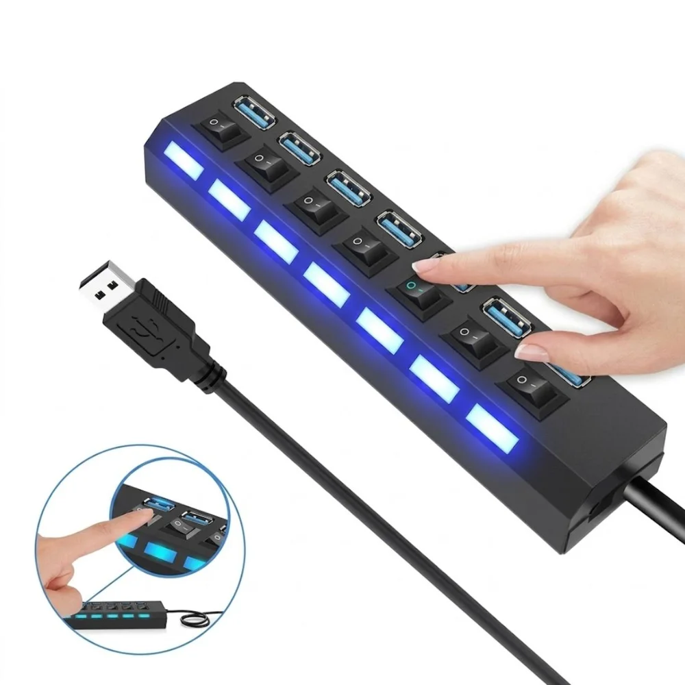 Imagem 2 de 5 do produto Hub Usb 2.0 7 Portas Com Chave Individual E LED B-max Bm-8638 Expansor 7 Em 1