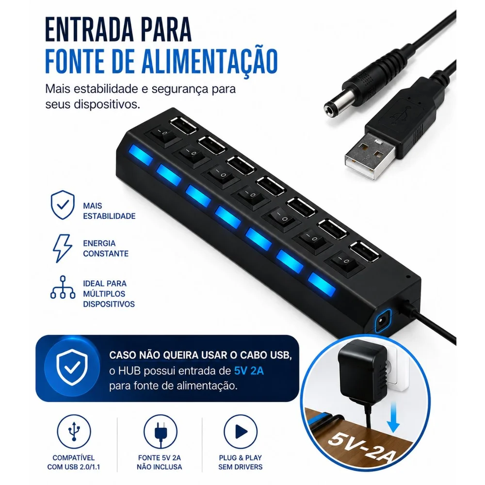 Imagem 3 de 5 do produto Hub Usb 2.0 7 Portas Com Chave Individual E LED B-max Bm-8638 Expansor 7 Em 1
