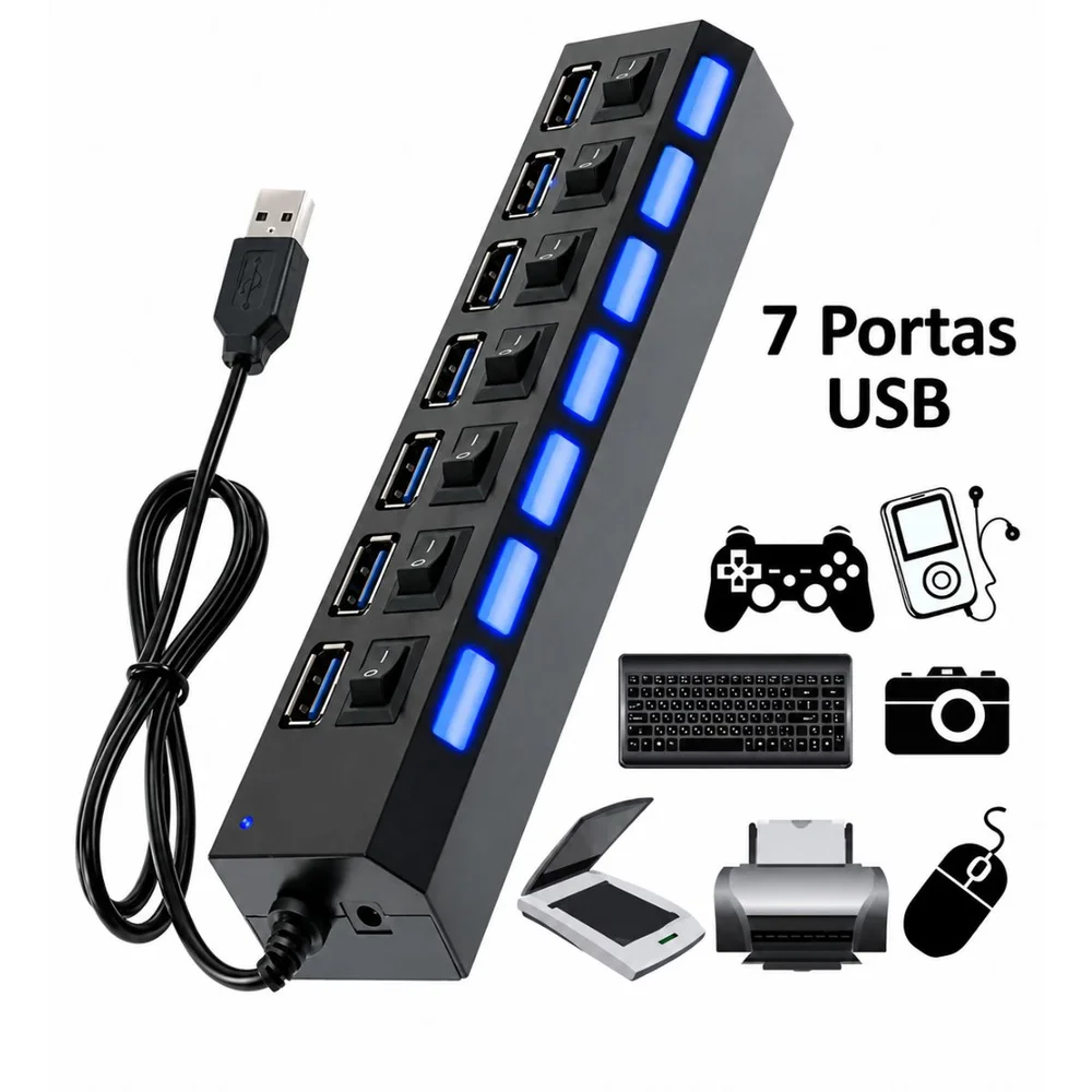 Imagem 5 de 5 do produto Hub Usb 2.0 7 Portas Com Chave Individual E LED B-max Bm-8638 Expansor 7 Em 1
