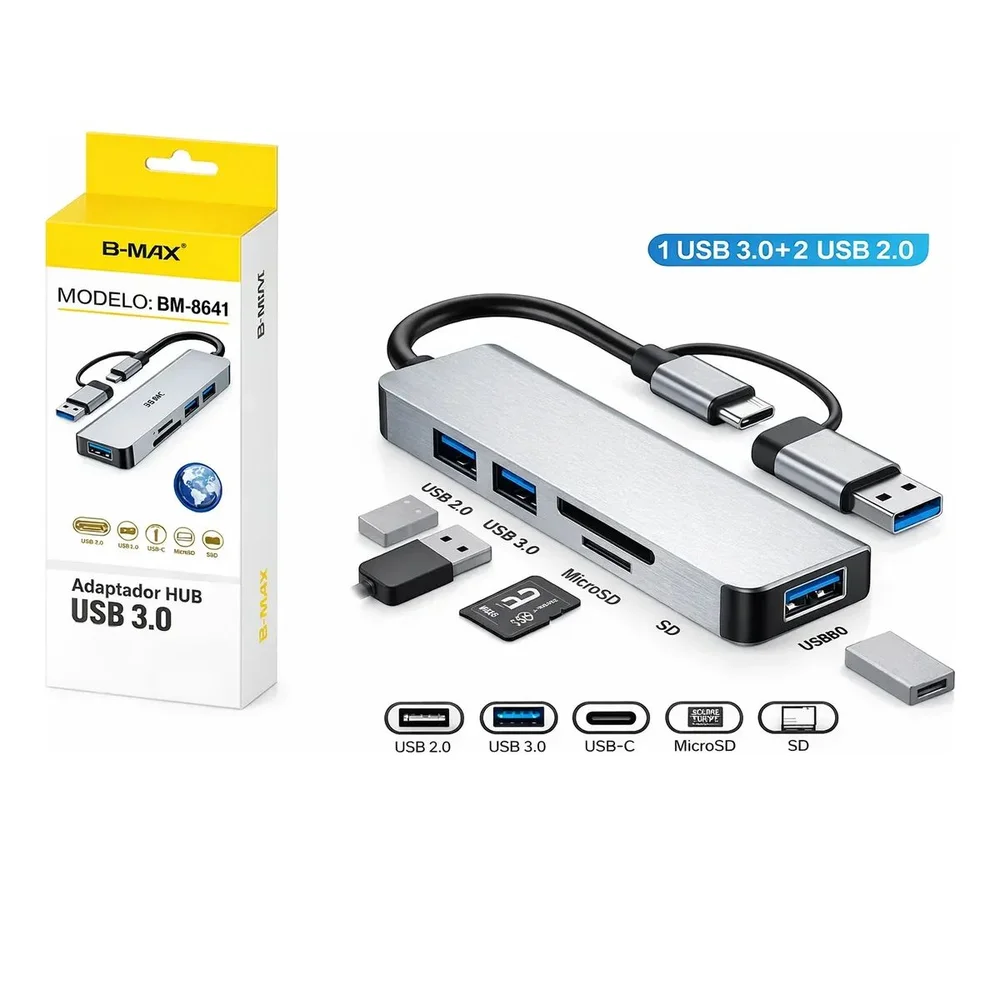 Imagem 4 de 4 do produto Hub Usb 3.0 5 Em 2 Adaptador B-max Bm-8641 Usb-c + Usb-a Leitor Sd Microsd