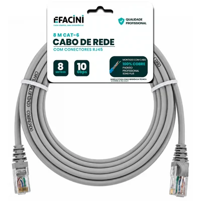 Cabo De Rede Efacini Cinza Cat6 Ef-connect 100% Cobre, Anatel 8 Metros