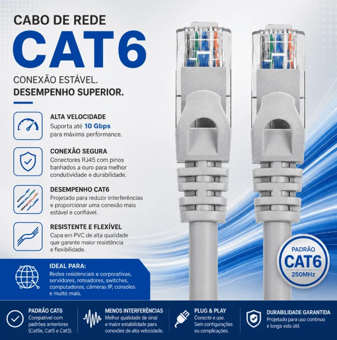 Imagem 5 de 5 do produto Cabo De Rede Efacini Cinza Cat6 Ef-connect 100% Cobre, Anatel 6 Metros