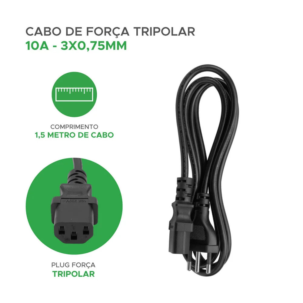 Imagem 2 de 5 do produto Cabo Força Tripolar 1,5m 10a 3x0,75mm PC Tv Notebook Fonte