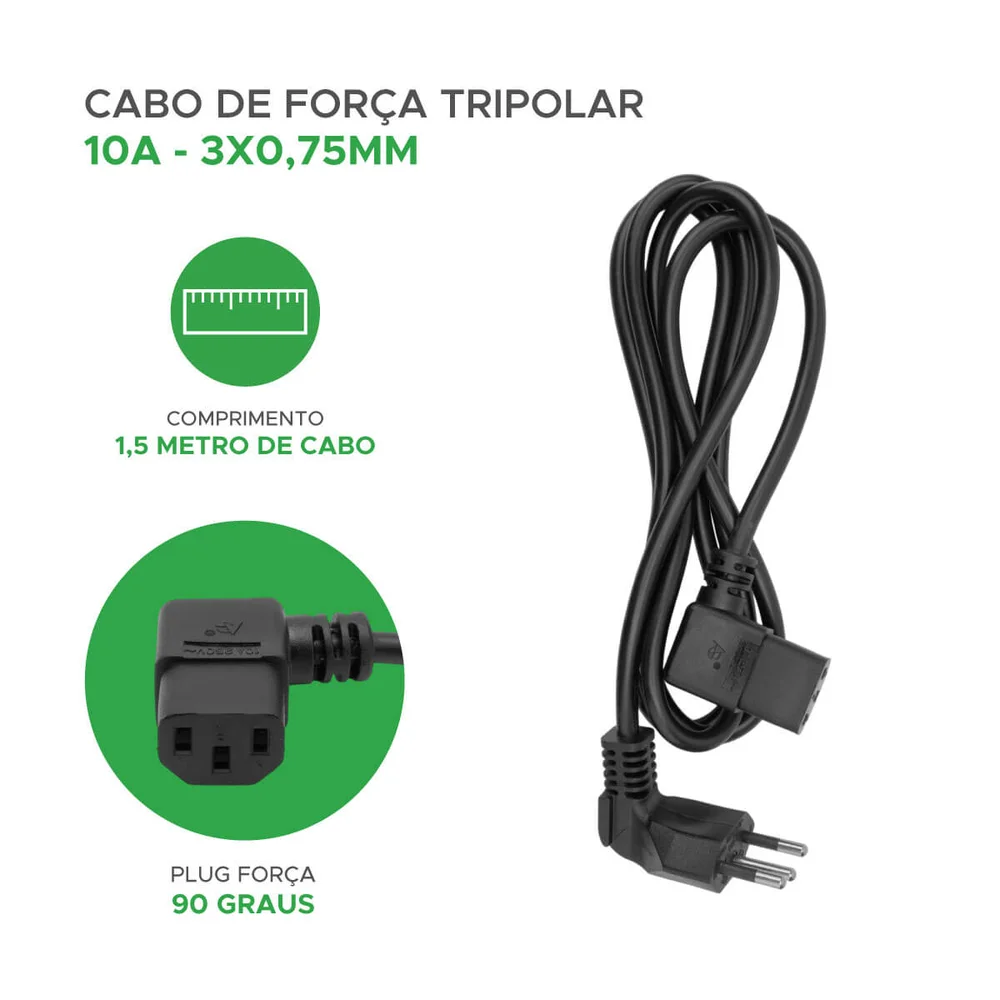 Imagem 2 de 5 do produto Cabo De Força Tripolar 90x90 Graus 1,5m Para PC Tv E Fonte