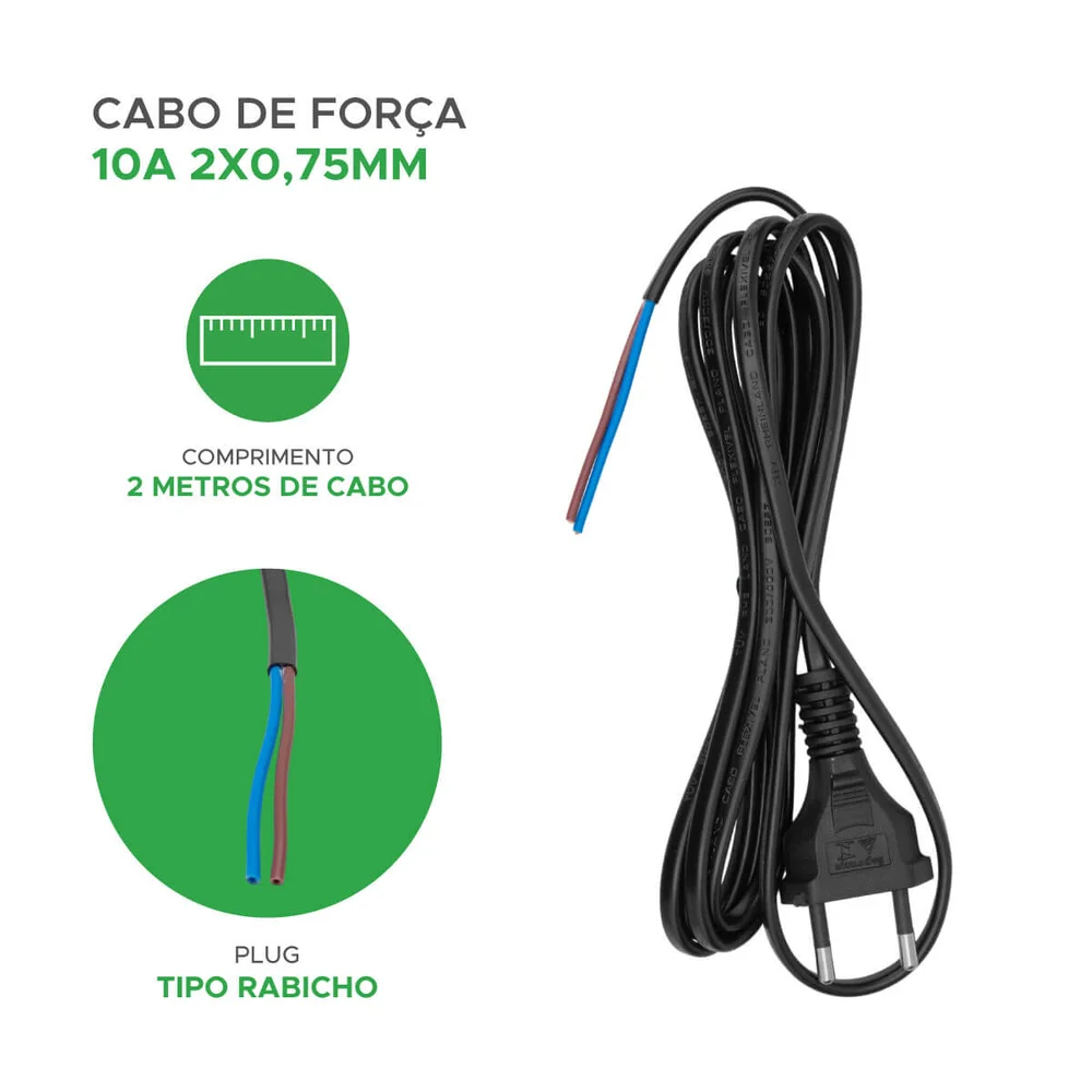Imagem 2 de 5 do produto Cabo Força Bipolar Rabicho 2x0,75mm 2m Para Projetos E Som