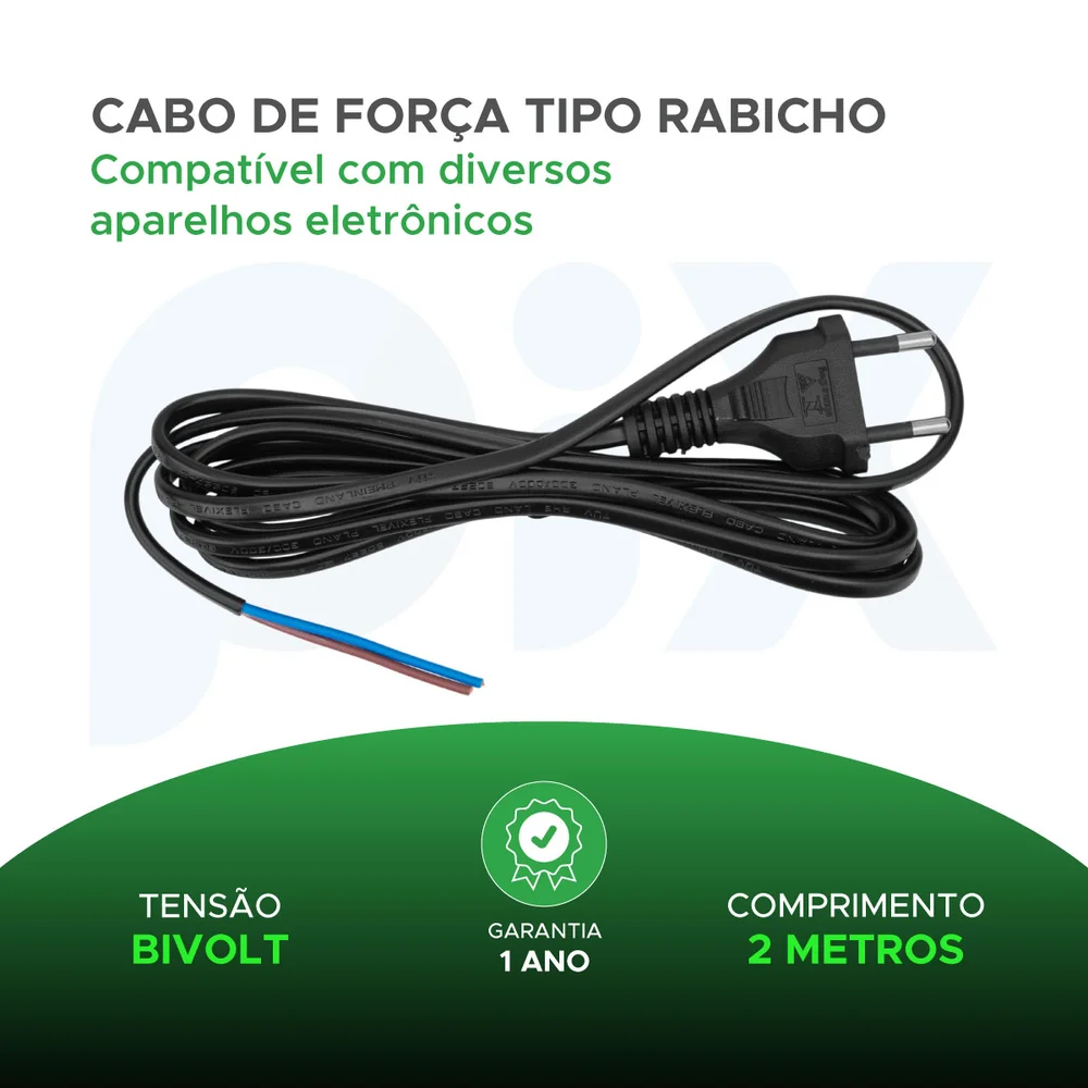 Imagem 5 de 5 do produto Cabo Força Bipolar Rabicho 2x0,75mm 2m Para Projetos E Som