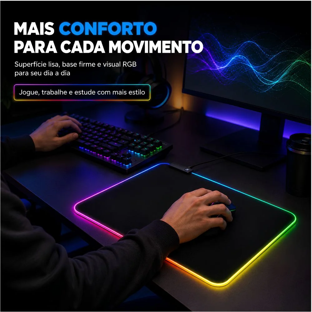 Imagem 4 de 5 do produto Mousepad Gamer Exbom Borda LED RGB 13 Cores 35x25cm Usb Preto - Mp-LED2535