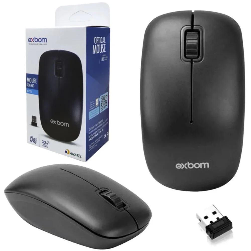 Imagem 2 de 5 do produto Mouse Sem Fio Qualidade 2.4 Ghz Usb Preto Ergonômico Exbom - Panami