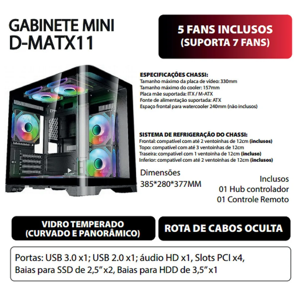 Imagem 2 de 5 do produto Gabinete Gamer Mini Tower Vidro Temperado Black M-atx Sem Fonte Com 5 Fans Rainbow RGB D-matx11