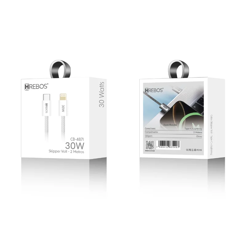 Imagem 5 de 5 do produto Cabo Hrebos Skipper Volt Cb-487i Usb-c Compativel Com  Lightning 2 Metros 30w Carregamento Rápido Para Iphone Ios Branco