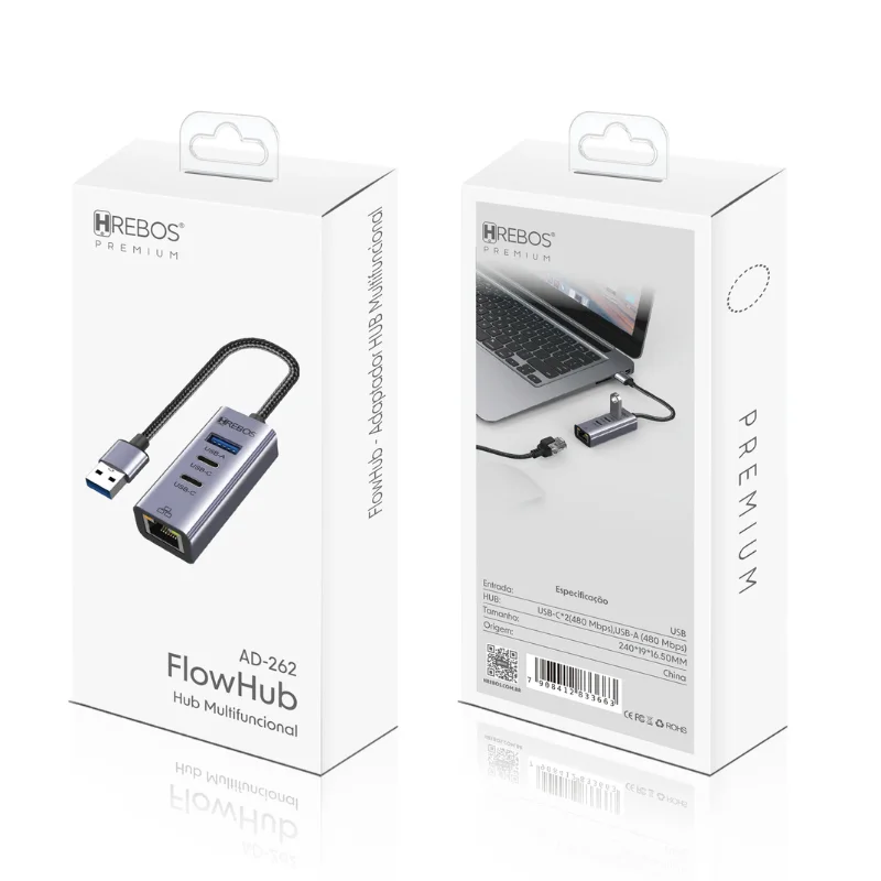 Imagem 2 de 5 do produto Hub Usb Multifuncional Rj45 Ethernet Flowhub Ad-262 Hrebos Usb 3.0 Adaptador Rede Lan Para Notebook PC Mac Linux