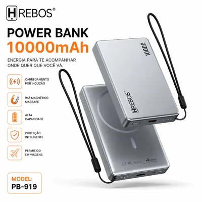 Power Bank Hrebos Nexavolt Pb-919 10000mah Wireless 15w Pd 20w Usb-c Carregamento Rápido Portátil Premium Cor:chumbo