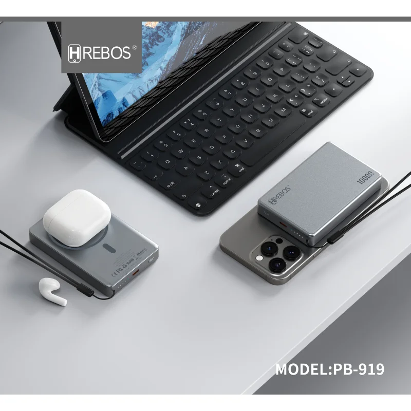 Imagem 2 de 5 do produto Power Bank Hrebos Nexavolt Pb-919 10000mah Wireless 15w Pd 20w Usb-c Carregamento Rápido Portátil Premium Cor:chumbo