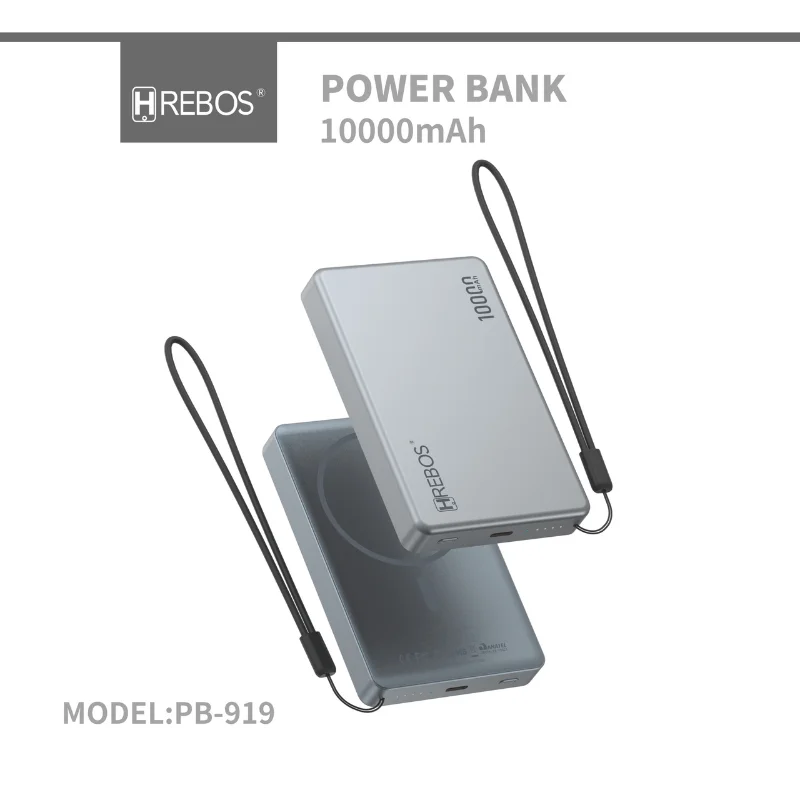 Imagem 3 de 5 do produto Power Bank Hrebos Nexavolt Pb-919 10000mah Wireless 15w Pd 20w Usb-c Carregamento Rápido Portátil Premium Cor:chumbo