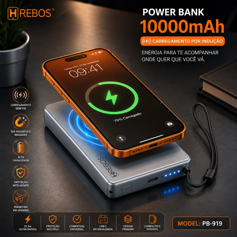 Imagem 4 de 5 do produto Power Bank Hrebos Nexavolt Pb-919 10000mah Wireless 15w Pd 20w Usb-c Carregamento Rápido Portátil Premium Cor:chumbo