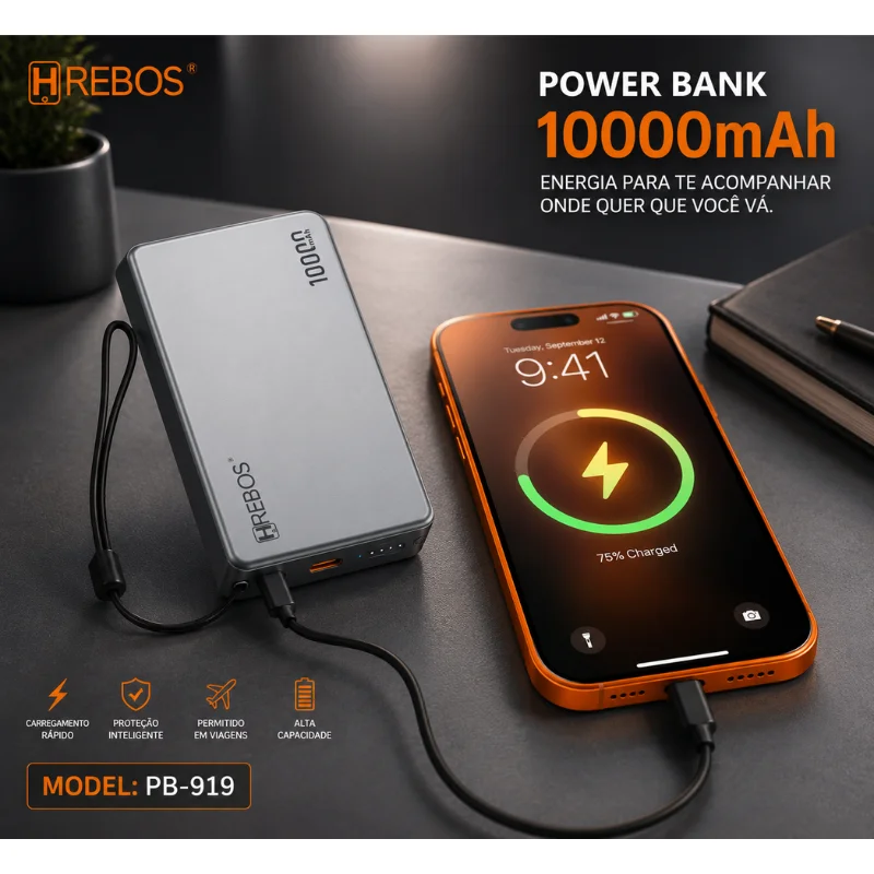 Imagem 5 de 5 do produto Power Bank Hrebos Nexavolt Pb-919 10000mah Wireless 15w Pd 20w Usb-c Carregamento Rápido Portátil Premium Cor:chumbo