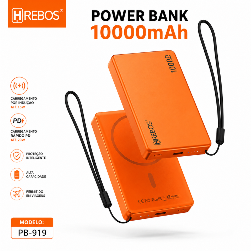 Power Bank Hrebos Nexavolt Pb-919 10000mah Wireless 15w Pd 20w Usb-c Carregamento Rápido Portátil Premium Cor:laranja