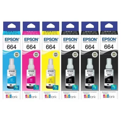 Kit 6 Tintas 664 Compatíveis Epson EcoTank | 3 Pretas + Ciano + Magenta + Amarela | L120 L355 L365 L395 L396 L555 L1300