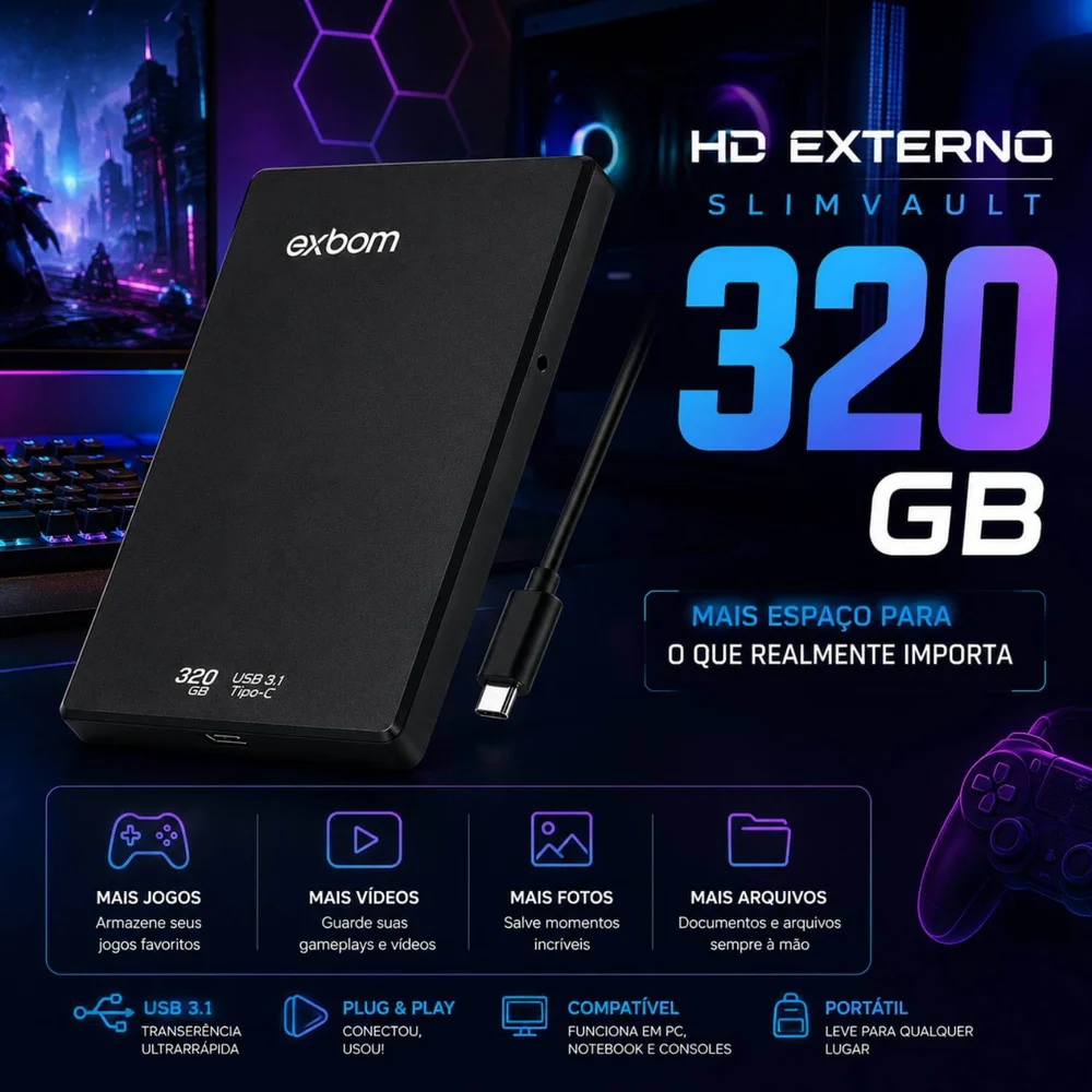 Imagem 4 de 5 do produto Hd Externo 320gb 2,5" Exbom Hde-s3ga Usb - C
