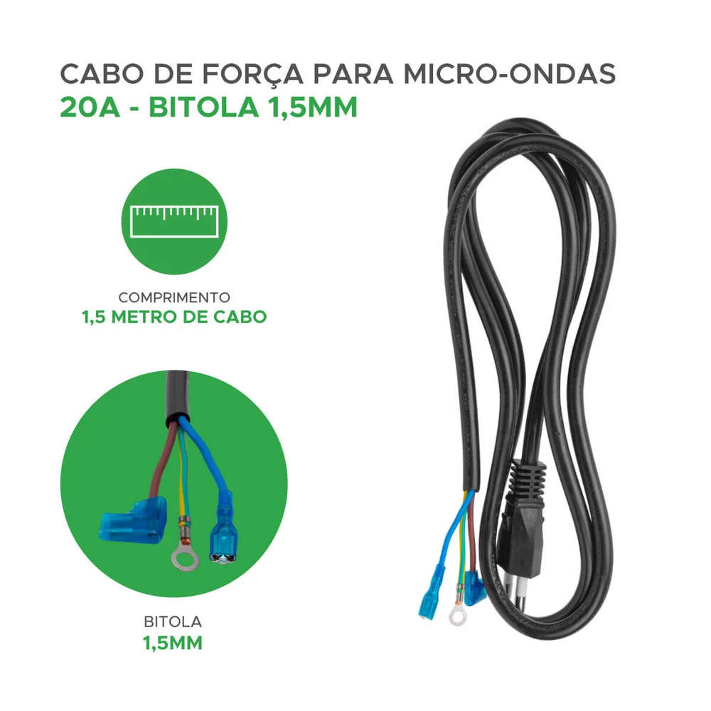 Imagem 2 de 5 do produto Cabo Força 20a 1,5m Bivolt 110v 220v