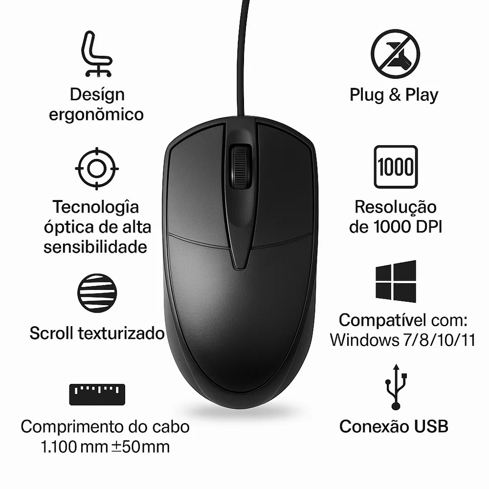 Mouse Óptico Usb Preto Com 1000dpi Conexão Plug E Play E Design Ergonômico Office Mouse Óptico Usb Preto Com 1000dpi Conexão Plug E Play E Design Ergonômico Office