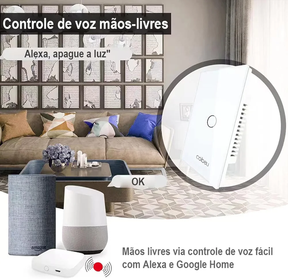 Imagem 2 de 5 do produto Interruptor Wifi Touch 1 Botão Tuya Alexa Não Utiliza Fio Neutro  Coibeu Mb301-l-bra