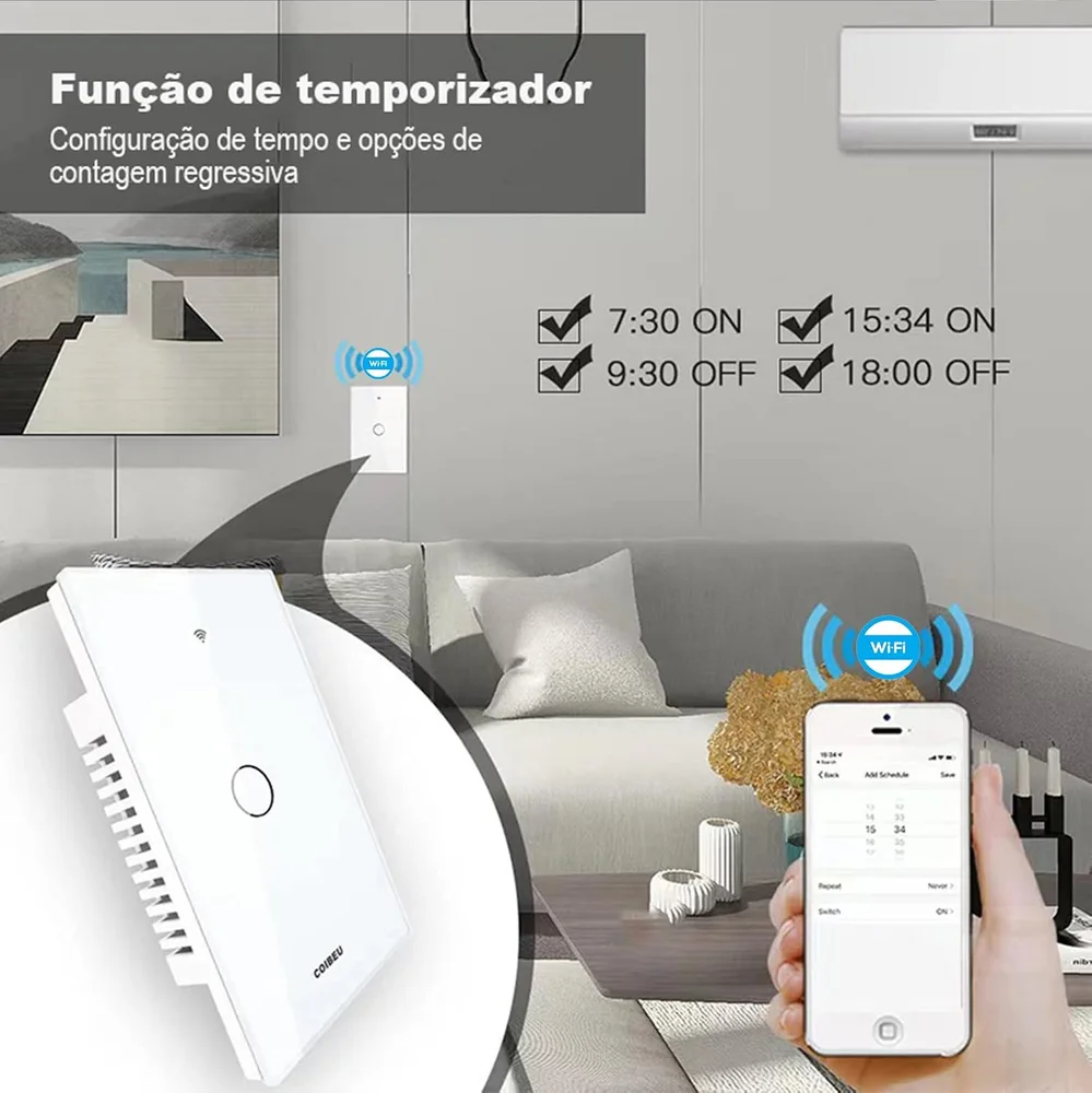 Imagem 3 de 5 do produto Interruptor Wifi Touch 1 Botão Tuya Alexa Não Utiliza Fio Neutro  Coibeu Mb301-l-bra