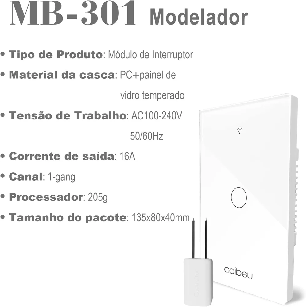 Imagem 5 de 5 do produto Interruptor Wifi Touch 1 Botão Tuya Alexa Não Utiliza Fio Neutro  Coibeu Mb301-l-bra