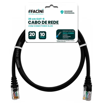 Cabo De Rede Efacini Preto Cat6 Ef-connect 100% Cobre, Anatel 20 Centimetros
