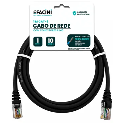 Cabo De Rede Efacini Preto Cat6 Ef-connect 100% Cobre, Anatel 1 Metro