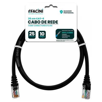 Cabo De Rede Efacini Preto Cat6 Ef-connect 100% Cobre, Anatel 25 Centimetros