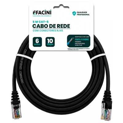 Cabo De Rede Efacini Preto Cat6 Ef-connect 100% Cobre, Anatel 6 Metros