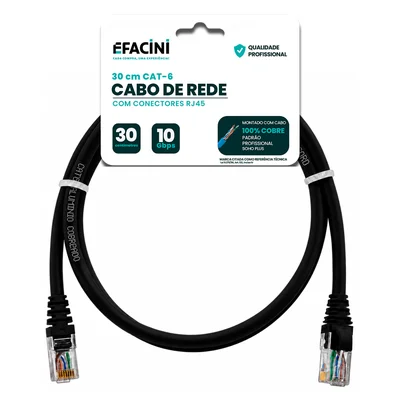 Cabo De Rede Efacini Preto Cat6 Ef-connect 100% Cobre, Anatel 30 Centimetros