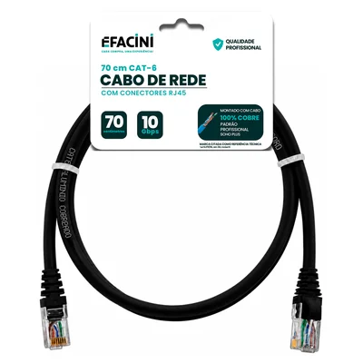 Cabo De Rede Efacini Preto Cat6 Ef-connect 100% Cobre, Anatel 70 Centimetros