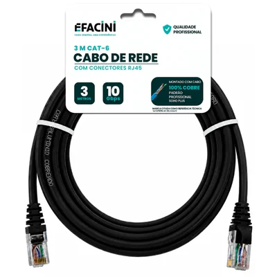 Cabo De Rede Efacini Preto Cat6 Ef-connect 100% Cobre, Anatel 3 Metros