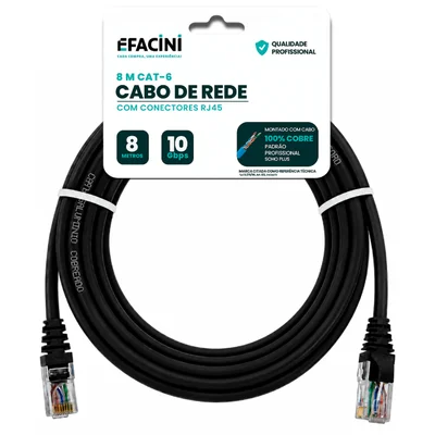 Cabo De Rede Efacini Preto Cat6 Ef-connect 100% Cobre, Anatel 8 Metros