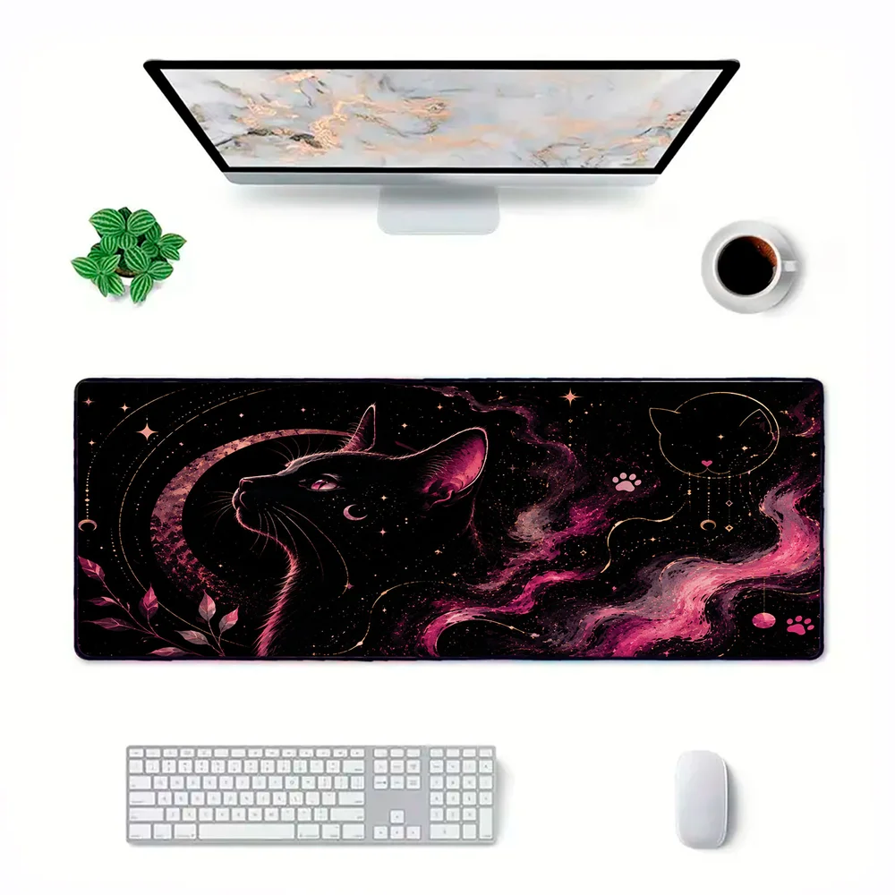 Novo Mouse Pad Gamer Deskpad Speed Extra Grande Borda Costurada Profissional 60x30  -  Gatinho Galaxia