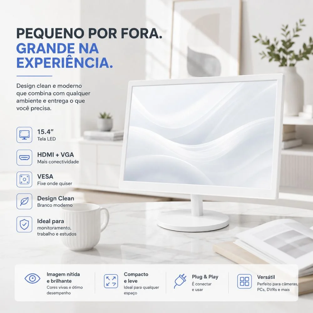 Imagem 2 de 5 do produto Monitor 15'' Hd LED, 60hz, 5ms, HDMI, Vga - Branco