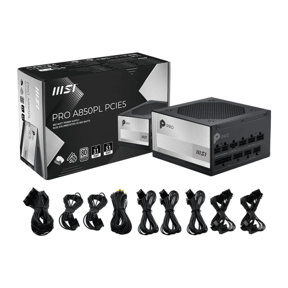 Imagem 3 de 5 do produto Fonte 850w 80 Plus Platinum Msi Pro A850pl PCie5, Atx 3.1, Full-modular, Black - Pro A850pl PCie5