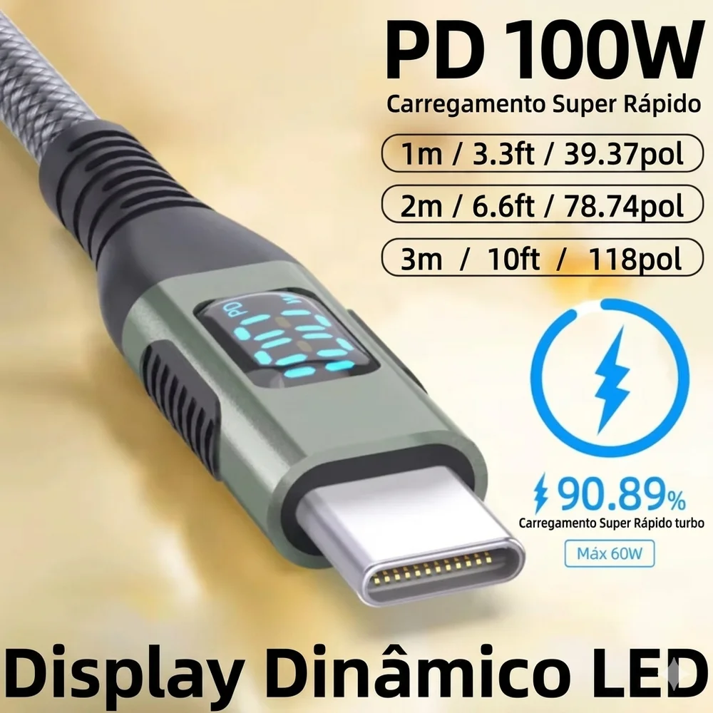 Imagem 2 de 5 do produto Cabo Carregador Usb-c Tipo C Nylon Trançado Ultra Rapido 100w 1 Metro Transferencia De Dados Compativel Com Iphone 15 16