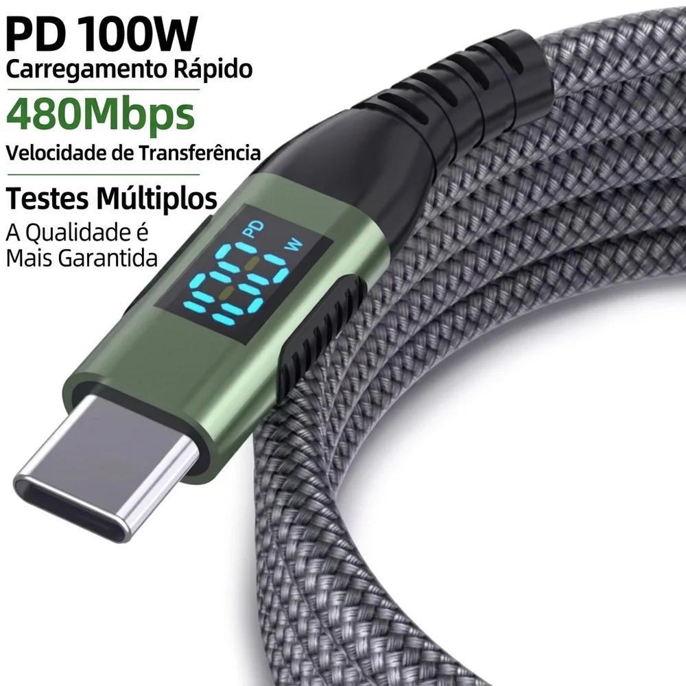 Imagem 3 de 5 do produto Cabo Carregador Usb-c Tipo C Nylon Trançado Ultra Rapido 100w 1 Metro Transferencia De Dados Compativel Com Iphone 15 16