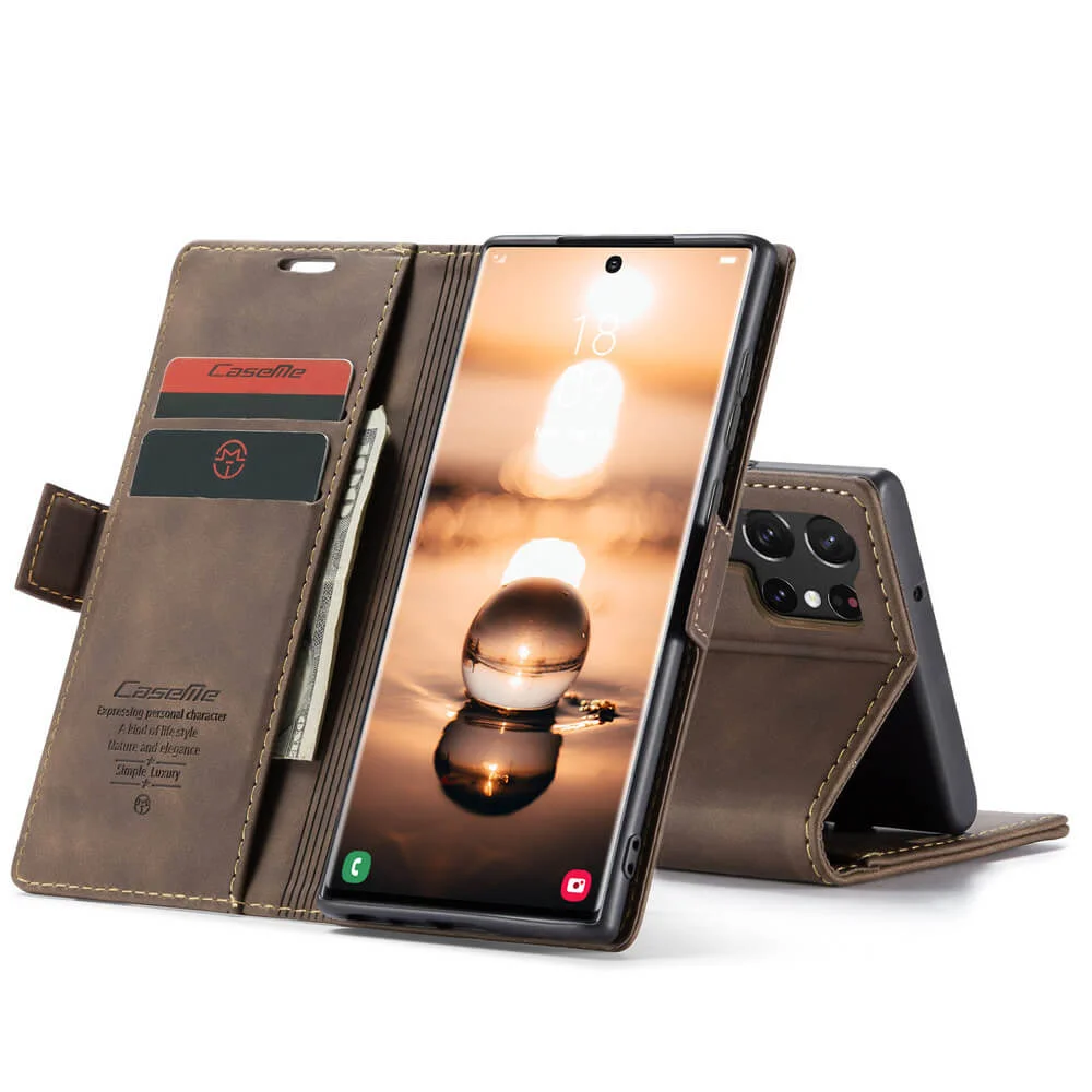 Imagem 3 de 5 do produto Capa Case Carteira Samsung Galaxy S26 Ultra Couro Sintético Magnética Porta Cartões - CaseMe Premium | Cor: Chocolate