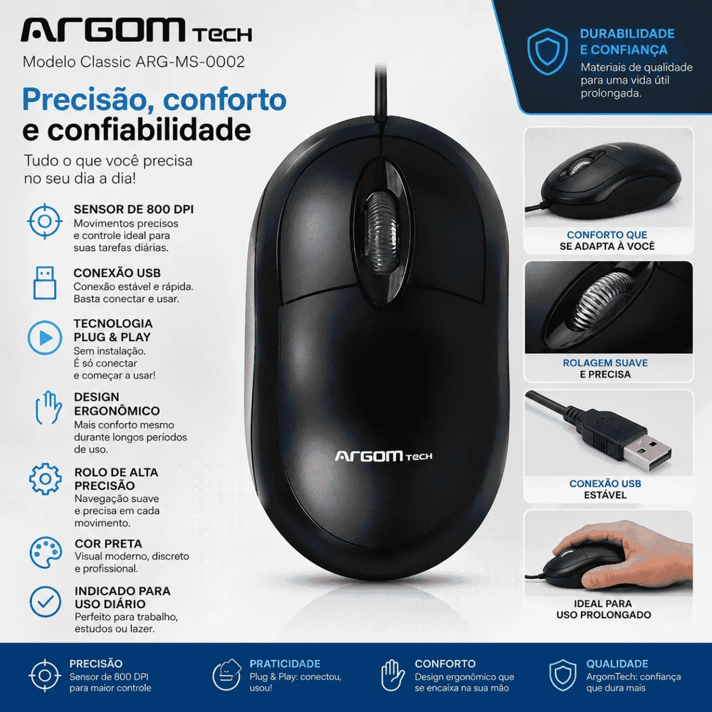 Imagem 3 de 4 do produto Mouse Usb Preto Argms0002  Argom