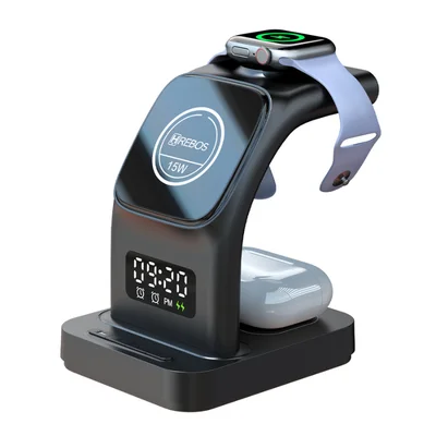 Carregador Wireless Magnético 5 Em 1 Hrebos Premium Dk-206 15w Base Para Smartphone Smartwatch E Fone Bluetooth Preto